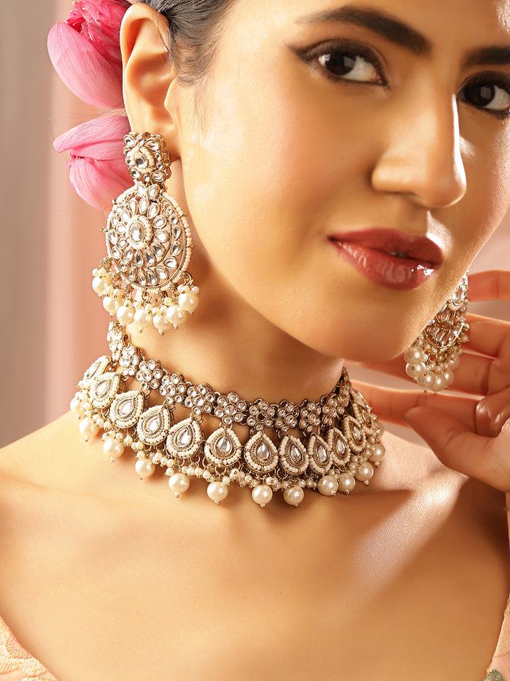 Kundan Pearl Elegance Drop Style Choker Necklace and Drop Earrings Jewellery Set