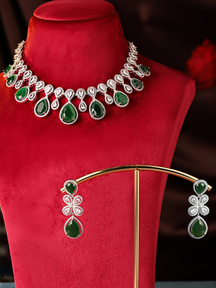Drop Shaped Emerald American Diamond Necklace Silver Plated Drop Earrings Jewellery Set