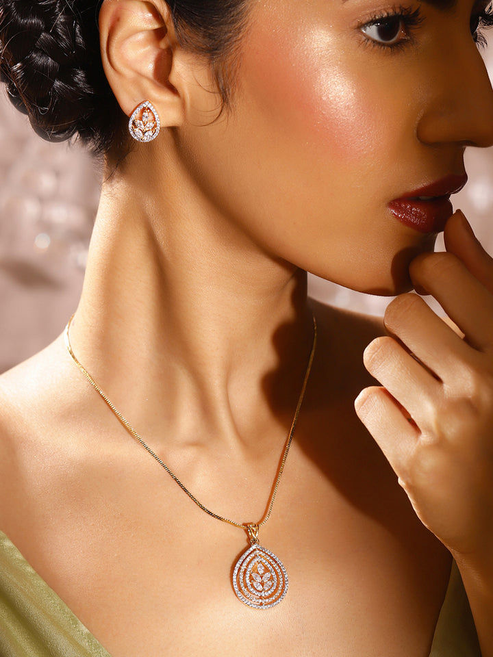 Oval Shaped American Diamond Floral Gold Plated Pendant Stud Earrings Jewellery Set