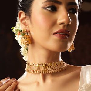 Gold Plated Statement Lakshmi Pattern Chocker Necklace Jhumkis Jewellery Set