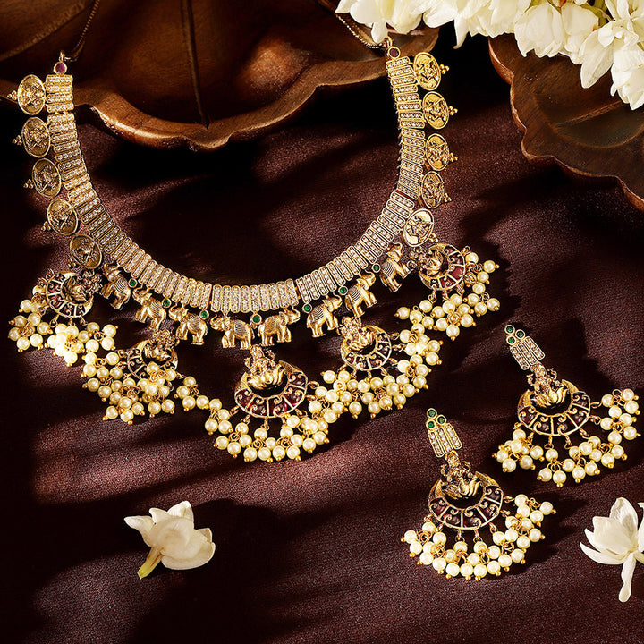 Ruby Pearl Elegance Gold Plated Lakshmi Design Necklace Drop Earrings Jewellery Set