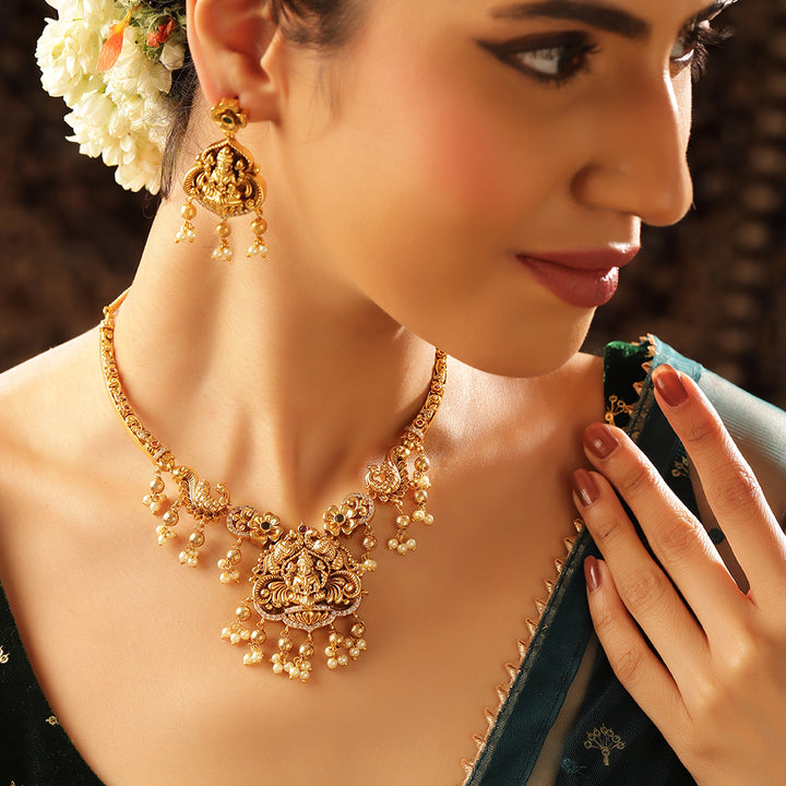 Lakshmi Twin Peacocks Elegance Gold Plated Necklace Drop Earrings Jewellery Set