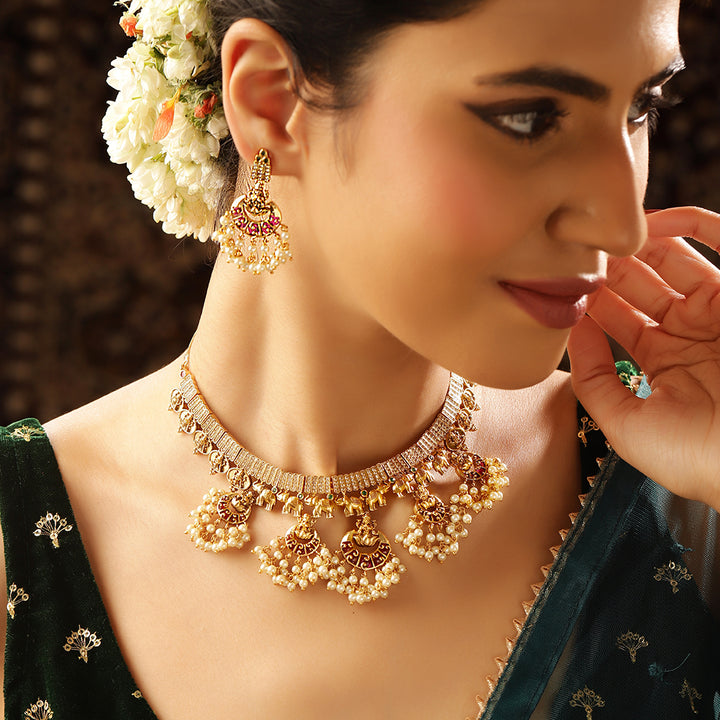 Ruby Pearl Elegance Gold Plated Lakshmi Design Necklace Drop Earrings Jewellery Set