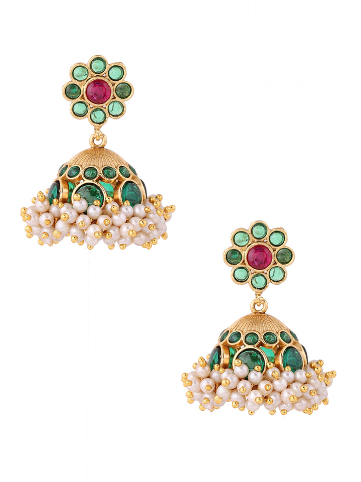 Emerald Elegance Blomming Pattern Gold Plated Mini Pearl Jhumkis Earrings