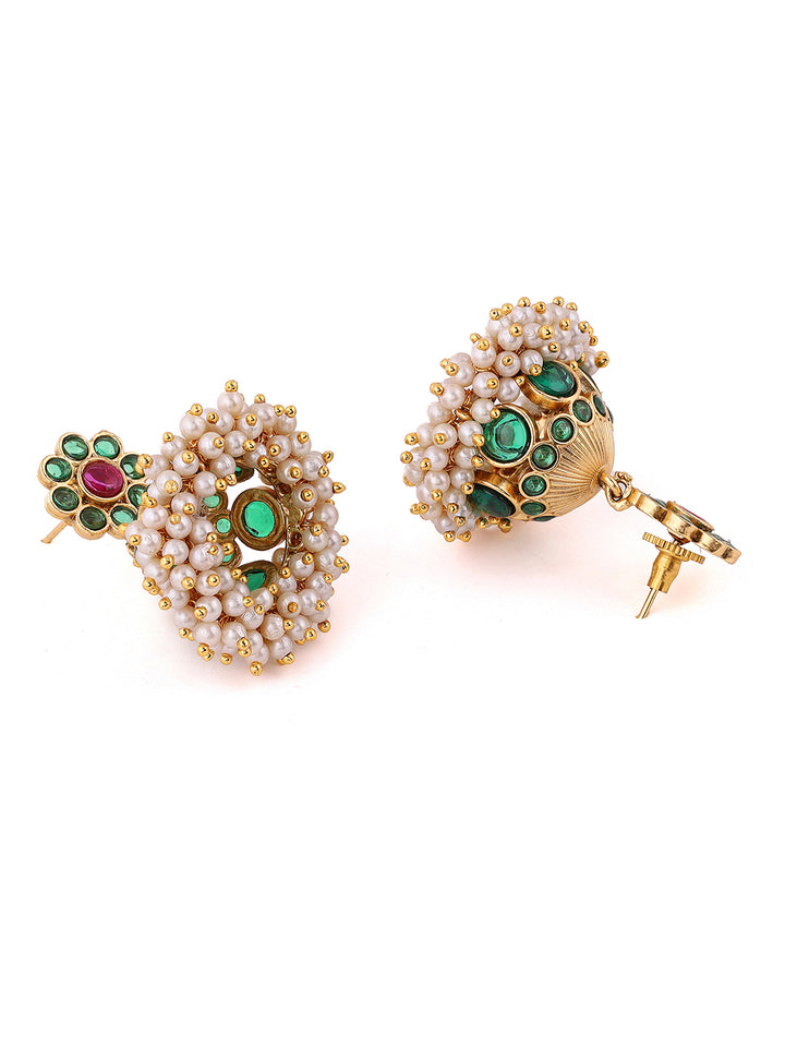 Emerald Elegance Blomming Pattern Gold Plated Mini Pearl Jhumkis Earrings