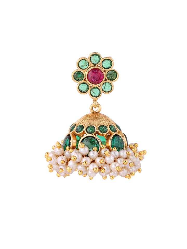 Emerald Elegance Blomming Pattern Gold Plated Mini Pearl Jhumkis Earrings