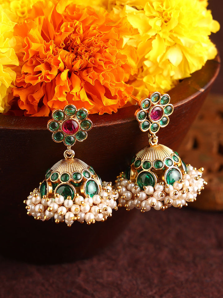 Emerald Elegance Blomming Pattern Gold Plated Mini Pearl Jhumkis Earrings