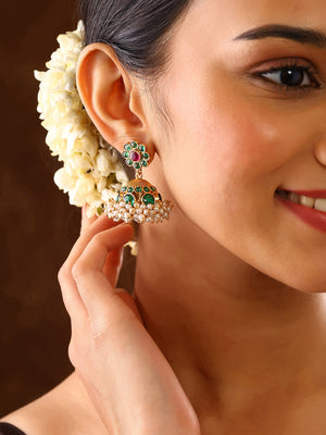 Emerald Elegance Blomming Pattern Gold Plated Mini Pearl Jhumkis Earrings