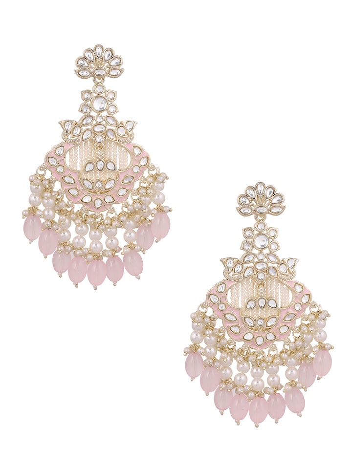 Floral Design Gold Plated Pink Beads Pearl Kundan Drop Earrings