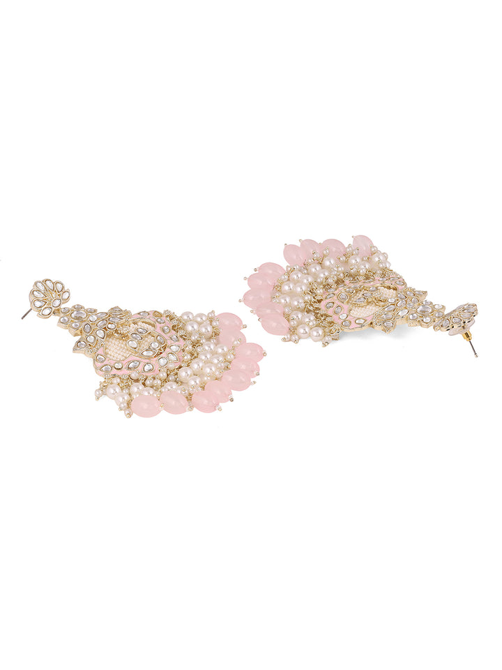 Floral Design Gold Plated Pink Beads Pearl Kundan Drop Earrings