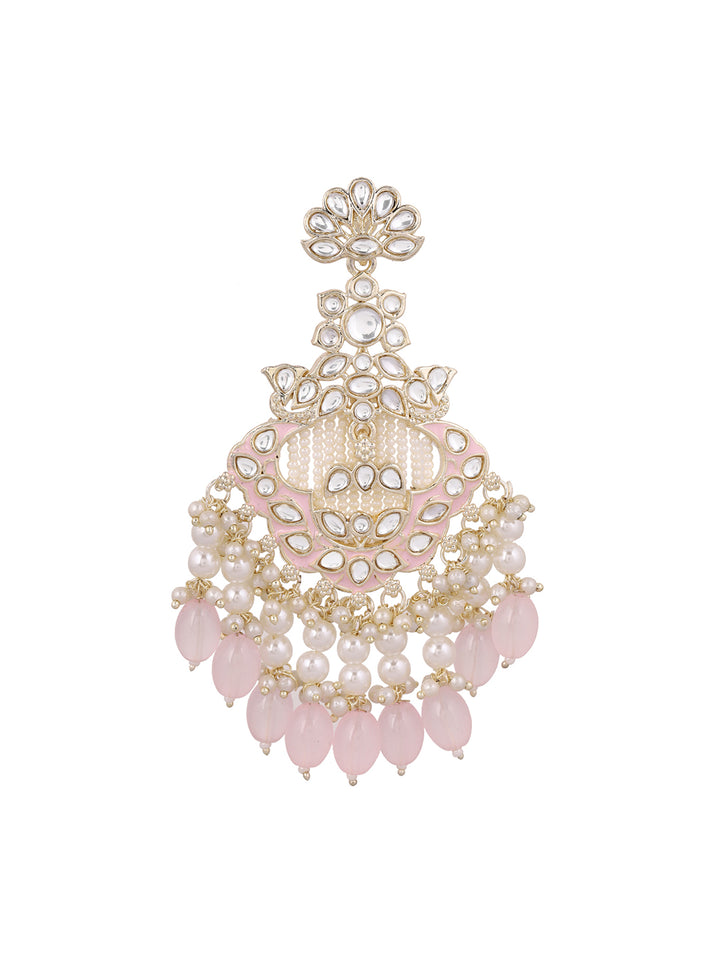 Floral Design Gold Plated Pink Beads Pearl Kundan Drop Earrings