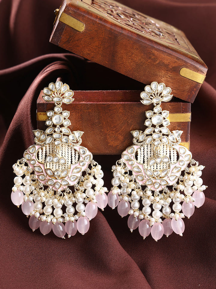 Floral Design Gold Plated Pink Beads Pearl Kundan Drop Earrings