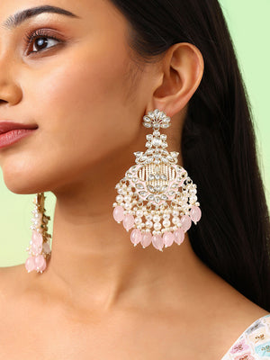 Floral Design Gold Plated Pink Beads Pearl Kundan Drop Earrings