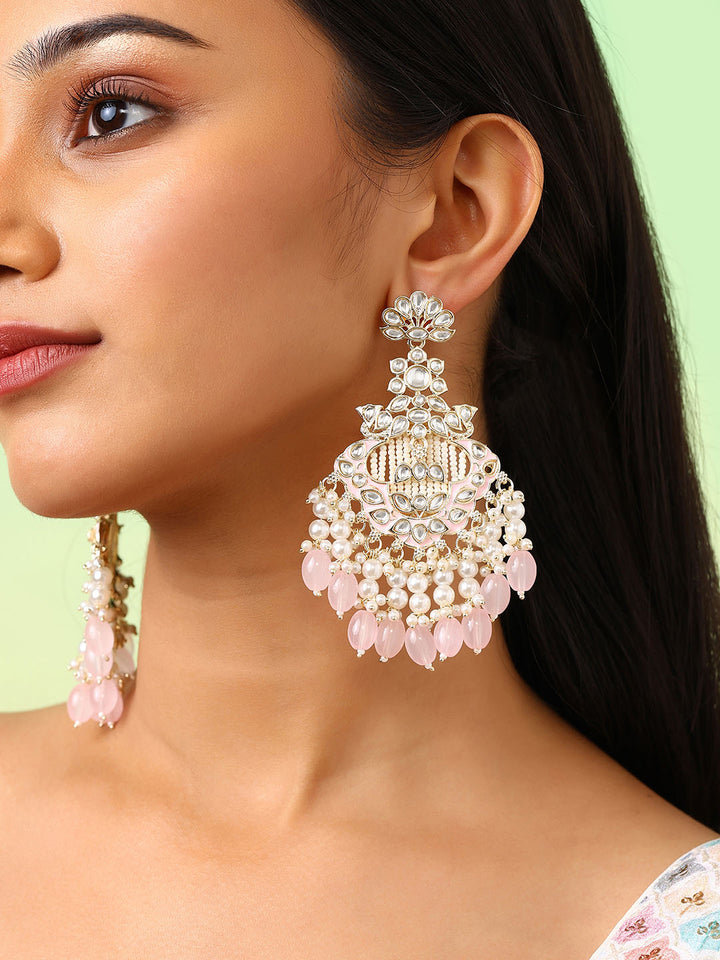 Floral Design Gold Plated Pink Beads Pearl Kundan Drop Earrings