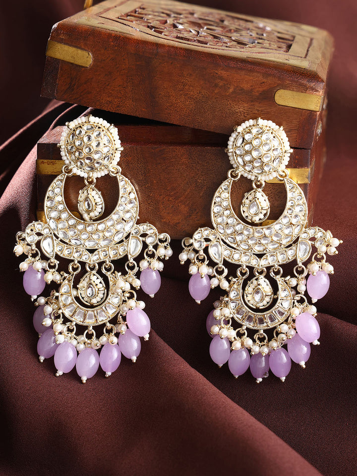 Lavender Beads Chandbali Style Pearl Kundan Gold Plated Fancy Earrings