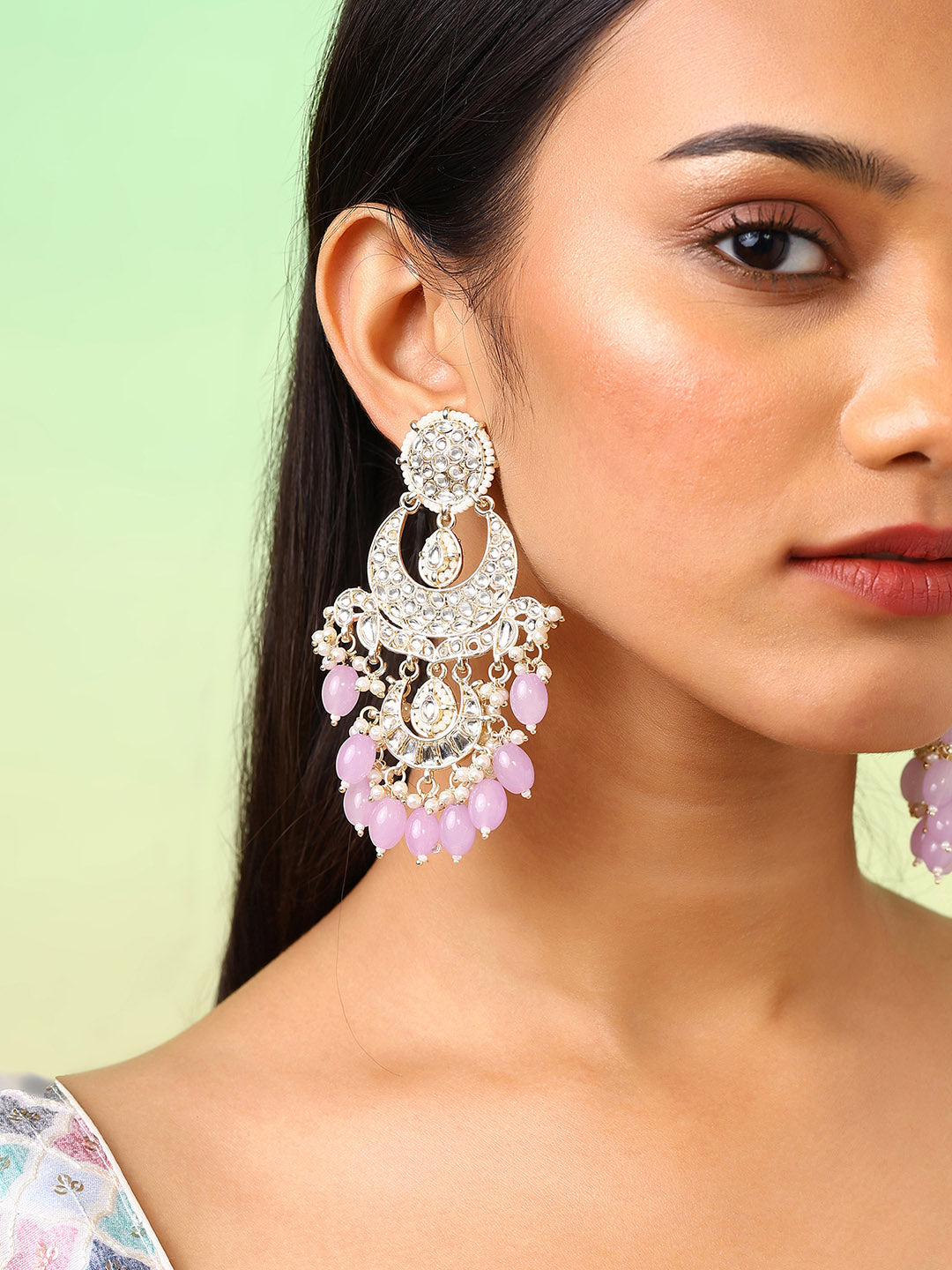 Lavender Beads Chandbali Style Pearl Kundan Gold Plated Fancy