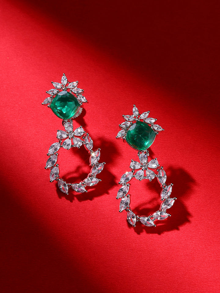 Priyaasi Fancy Floral Pink Green AD Stones Elegance Silver Plating Drop earrings