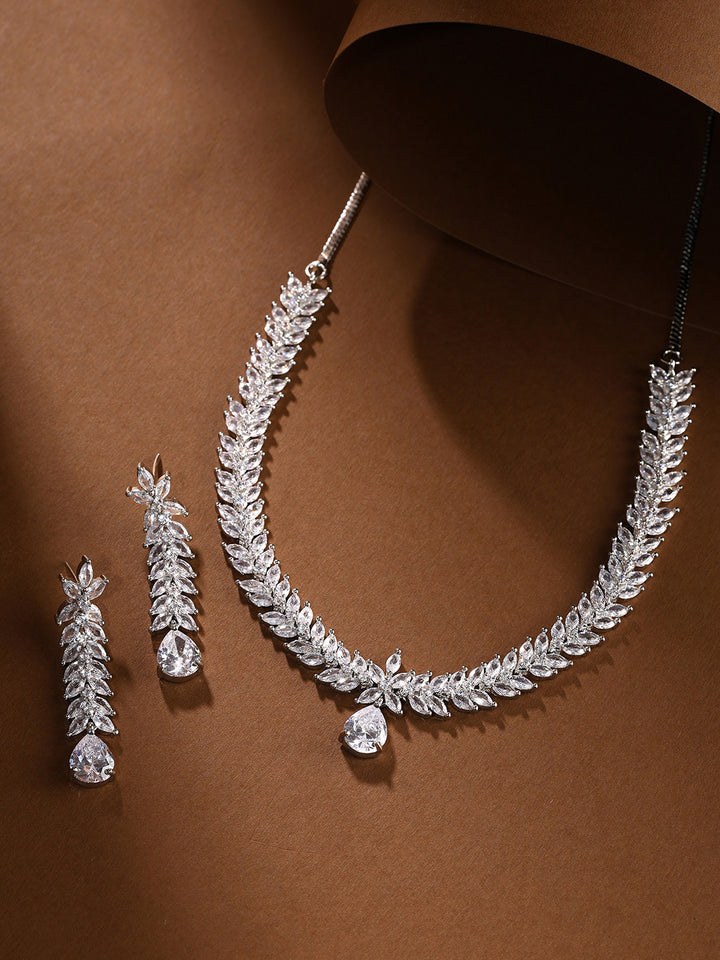 Priyaasi Flower AD Fathom Design Necklace with Drop Floral Earrings Jewwellery Set