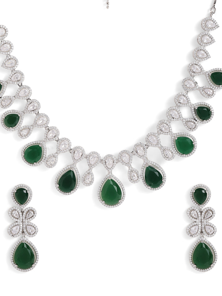 Drop Shaped Emerald American Diamond Necklace Silver Plated Drop Earrings Jewellery Set