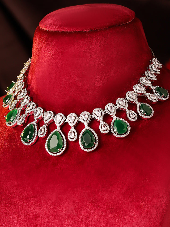 Drop Shaped Emerald American Diamond Necklace Silver Plated Drop Earrings Jewellery Set