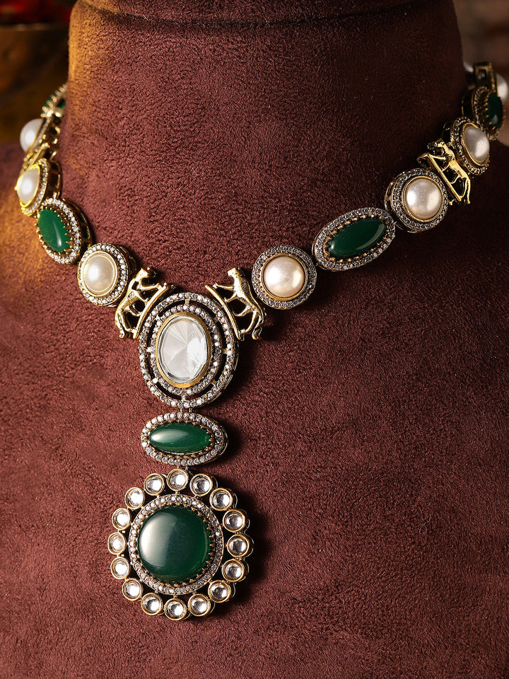 Green Stoned Pearl AD Combo Gold Plated Necklace Drop Earrings Jewellery Set