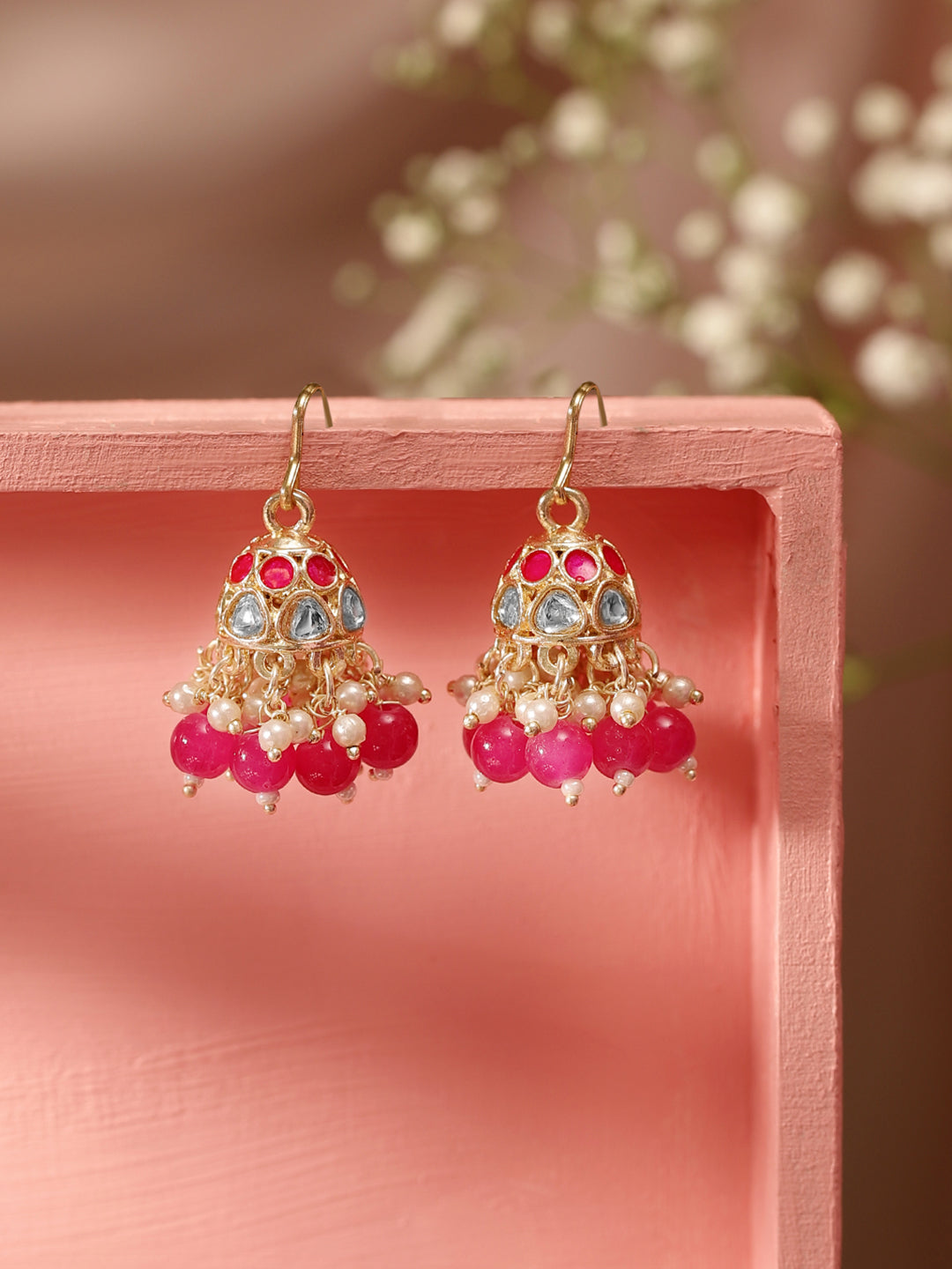 Priyaasi Mini Fresh Water Pearls Pink Beads Gold Plated Jhumka Earring