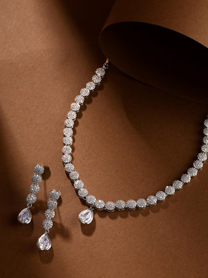Priyaasi Flower AD Design Silver Plated Transparent stone Pendant Necklace with fancy drop floral earrings Jewellery Set