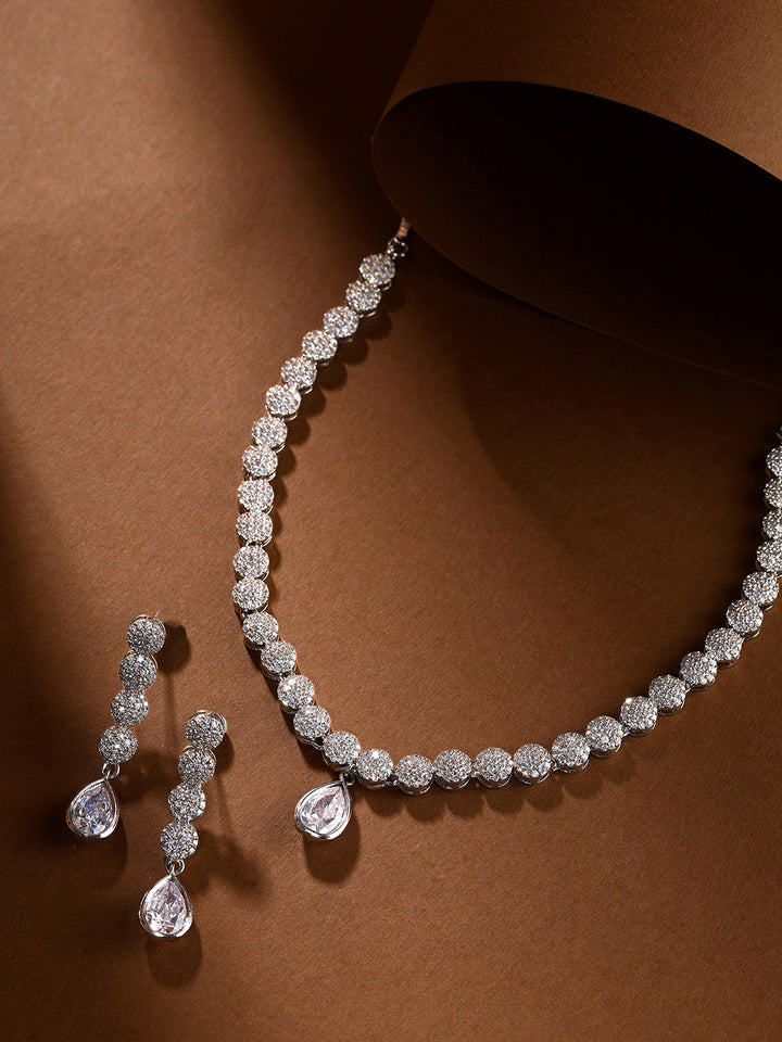 Priyaasi Flower AD Design Silver Plated Transparent stone Pendant Necklace with fancy drop floral earrings Jewellery Set