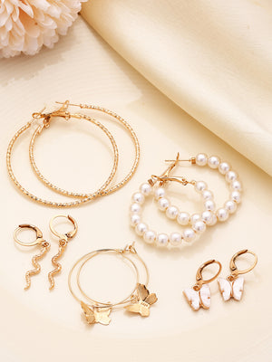 Prita Chic Metal Gold Plated Combo Fresh Water Pearl Butterfly Hoop Drop Earrings