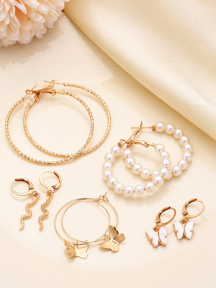 Prita Chic Metal Gold Plated Combo Fresh Water Pearl Butterfly Hoop Drop Earrings