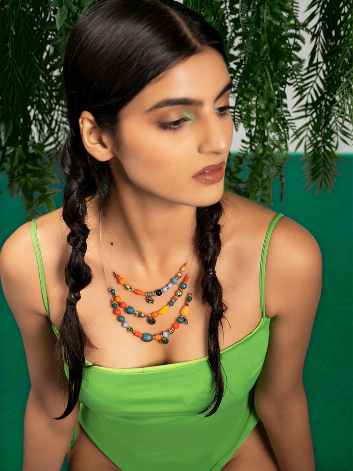 Priyaasi gold plated multi color 3 layer beaded necklace