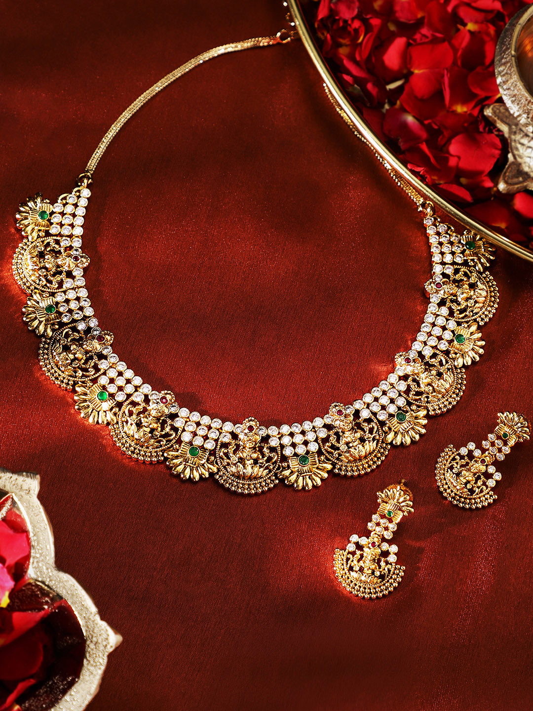 Goddess Design Gold Plated Floral Type Necklace Drop Earrings