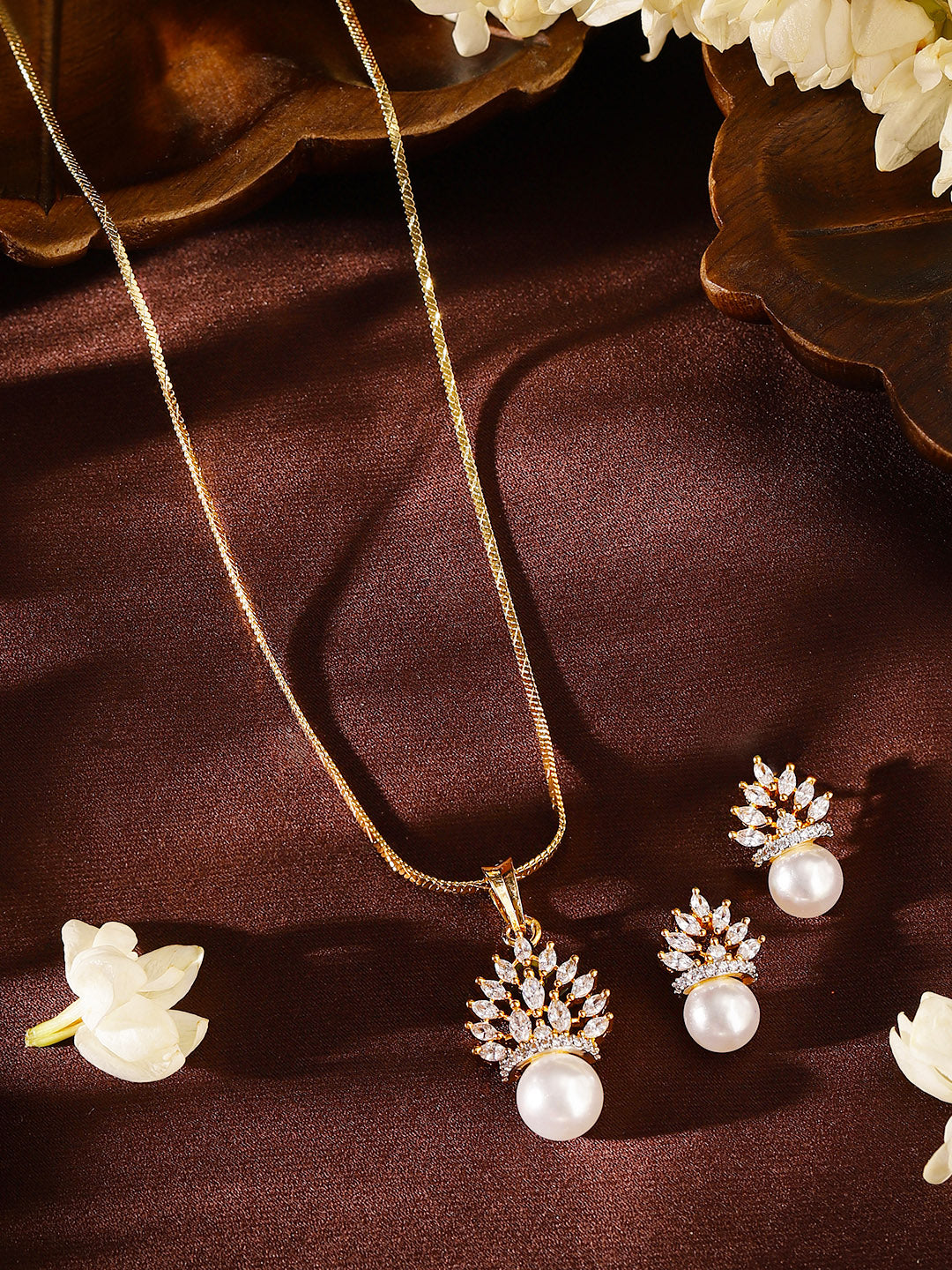 Floral American Diamond Gold Plated Pendant Pearl Drop Earrings Jewellery  Set