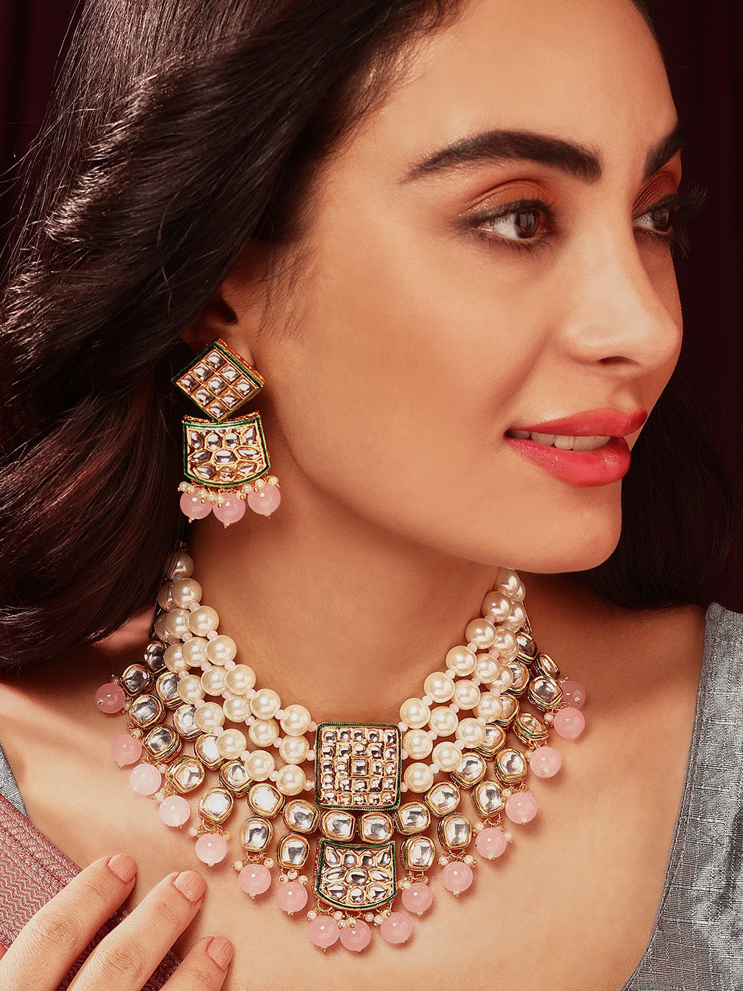 Priyaasi Pink Pearl Beads Statement Design Kundan Choker Necklace with