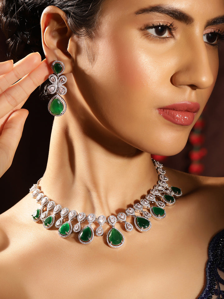 Drop Shaped Emerald American Diamond Necklace Silver Plated Drop Earrings Jewellery Set
