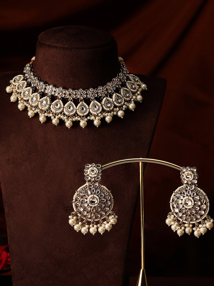 Kundan Pearl Elegance Drop Style Choker Necklace and Drop Earrings Jewellery Set