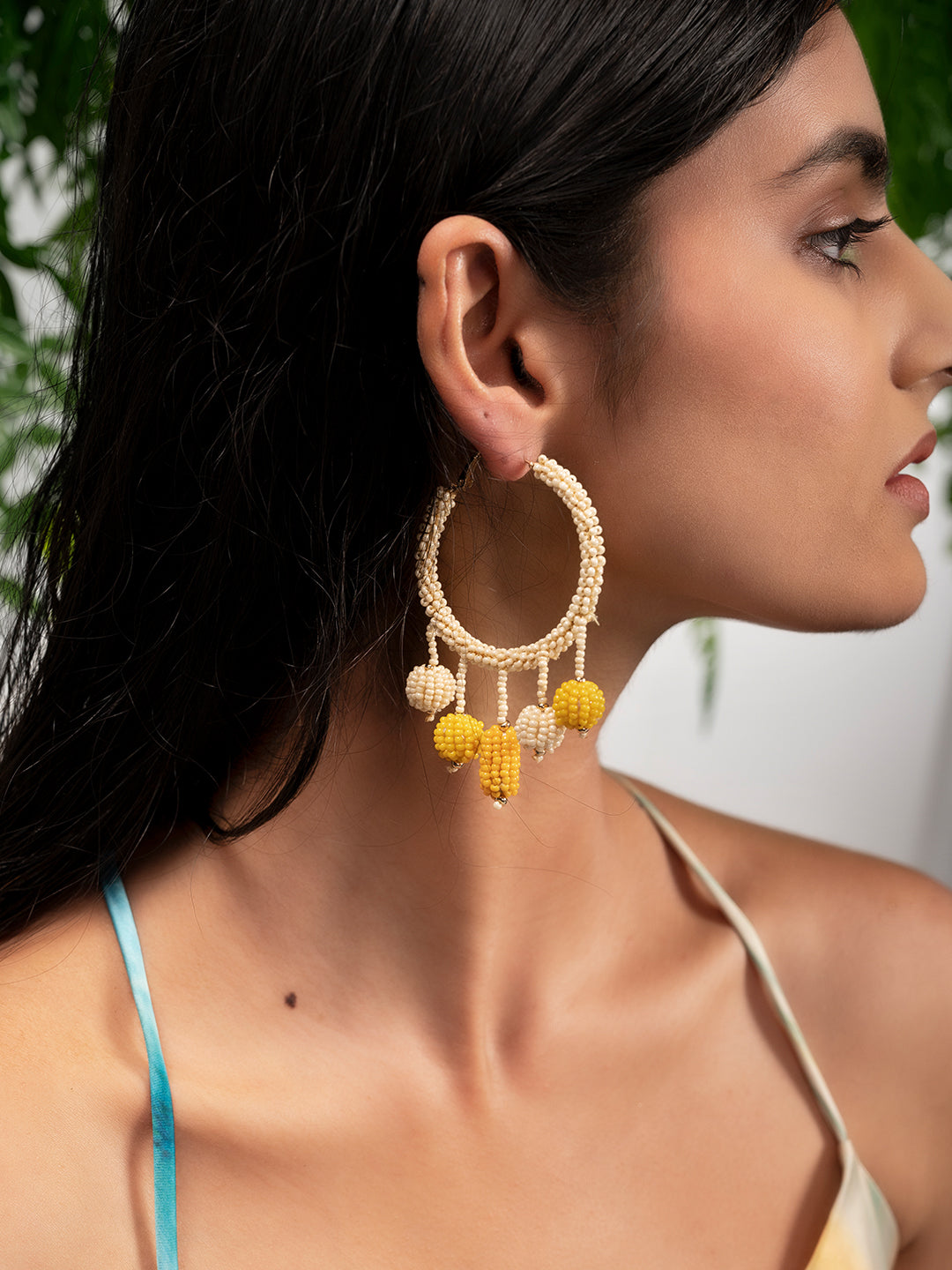 Priyaasi Gold Plated White Beaded Hoops Earrings