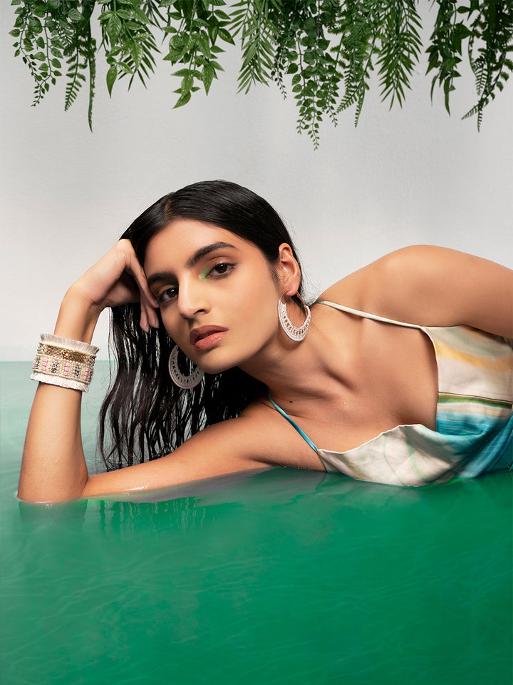 Priyaasi Silver Plated White Beaded Hoops Earrings