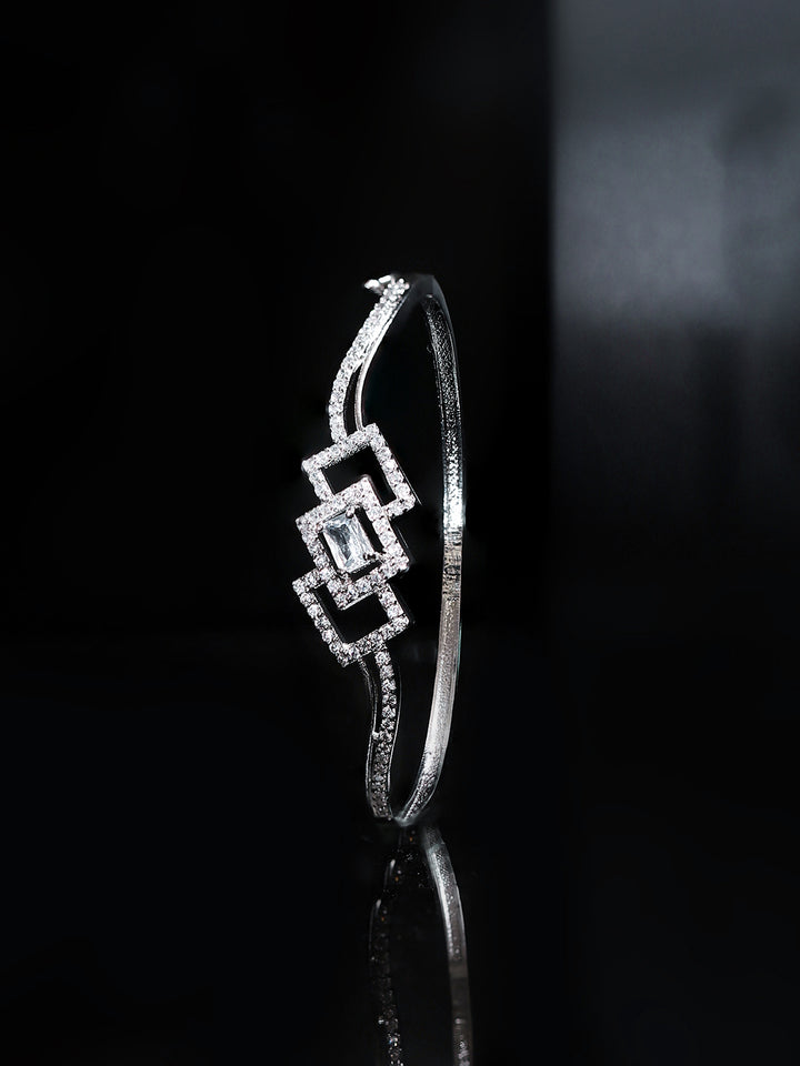 Geometry Pattern White Stoned AD Elegance Silver Plated Bracelet