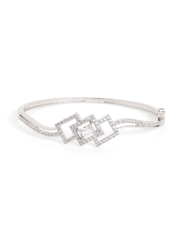 Geometry Pattern White Stoned AD Elegance Silver Plated Bracelet