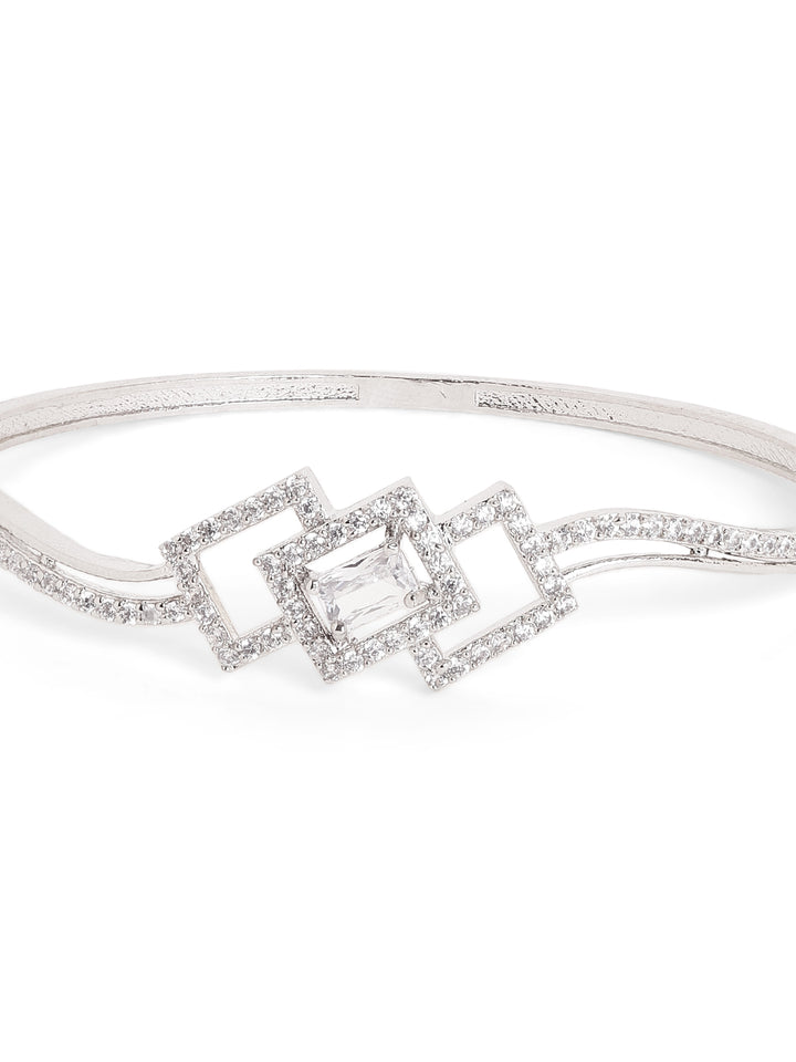 Geometry Pattern White Stoned AD Elegance Silver Plated Bracelet