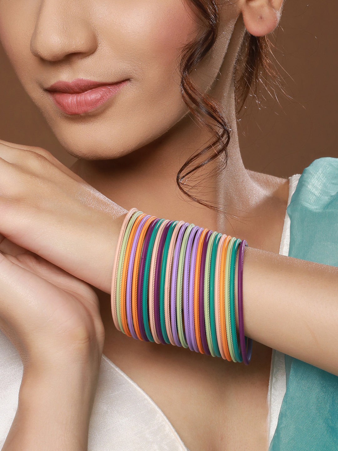 Priyaasi Multicolor Pastel-Toned Textured Metal Bangle Set of 24