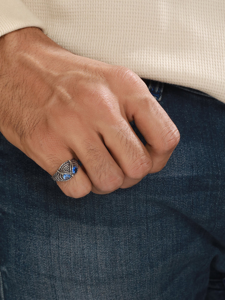 Bold by Priyaasi Blue-Eyed Owl Studded Silver-Plated Ring for Men