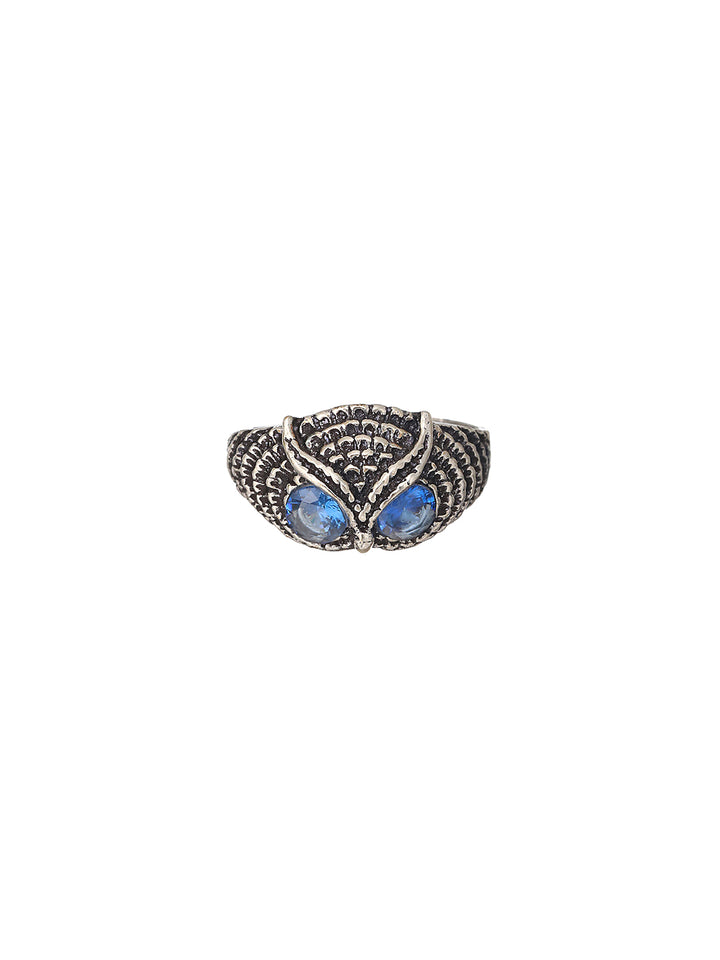 Bold by Priyaasi Blue-Eyed Owl Studded Silver-Plated Ring for Men