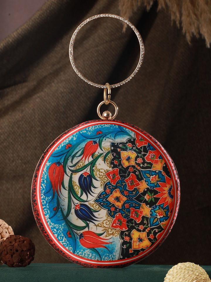 Rich Blooms Printed Multicolor Golden Round Clutch