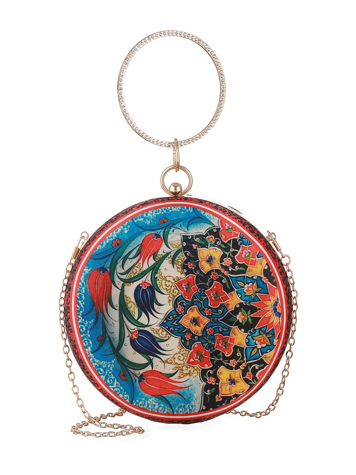 Rich Blooms Printed Multicolor Golden Round Clutch