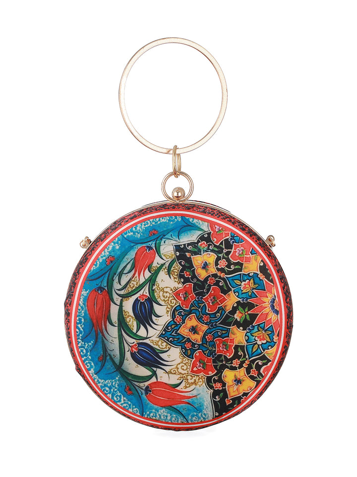 Rich Blooms Printed Multicolor Golden Round Clutch