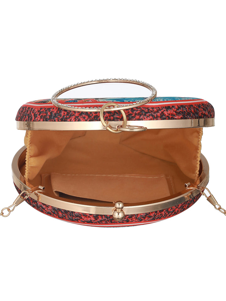Rich Blooms Printed Multicolor Golden Round Clutch