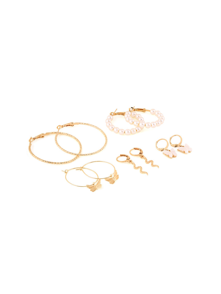 Prita Chic Metal Gold Plated Combo Fresh Water Pearl Butterfly Hoop Drop Earrings