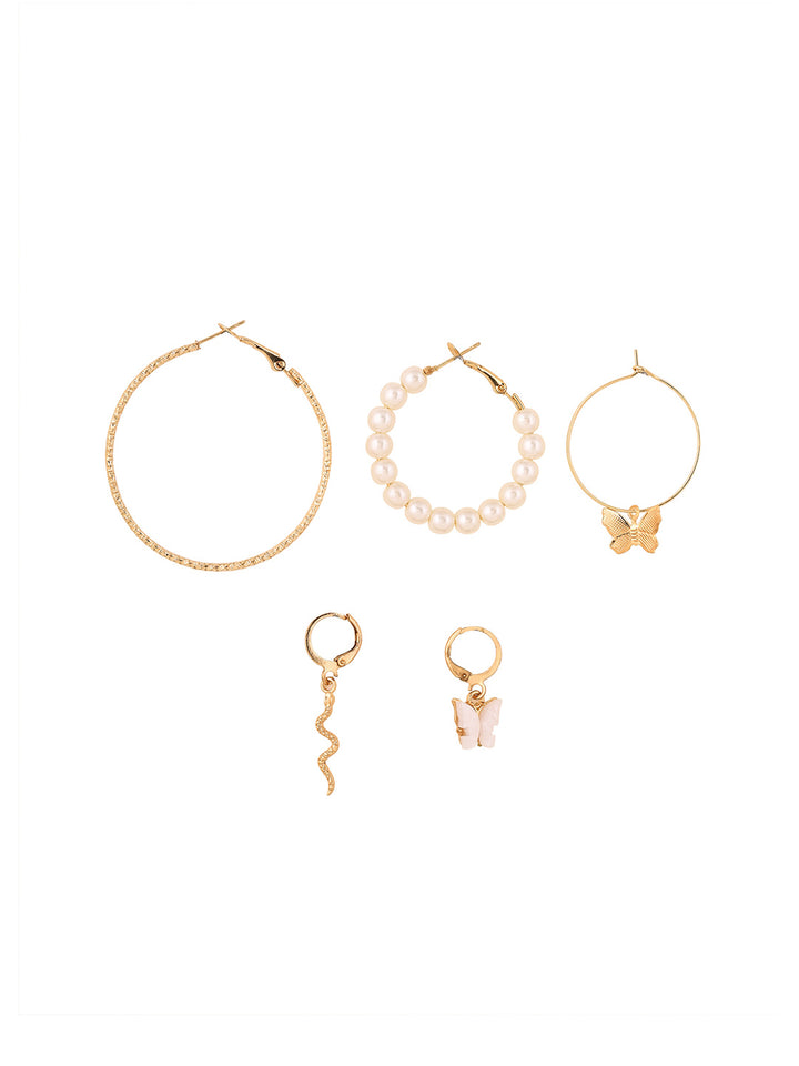 Prita Chic Metal Gold Plated Combo Fresh Water Pearl Butterfly Hoop Drop Earrings
